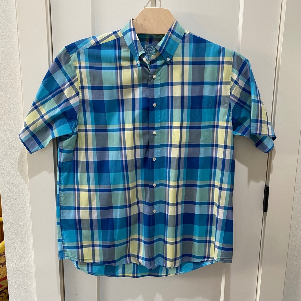 Jos A Bank Stays Cool Mens Large Blue Yellow Plaid Short Sleeve Button Down